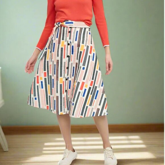 Anthropologie 50’s A-Line Midi Skirt 6 Button Front Striped Belted Pockets Hutch - Picture 1 of 9